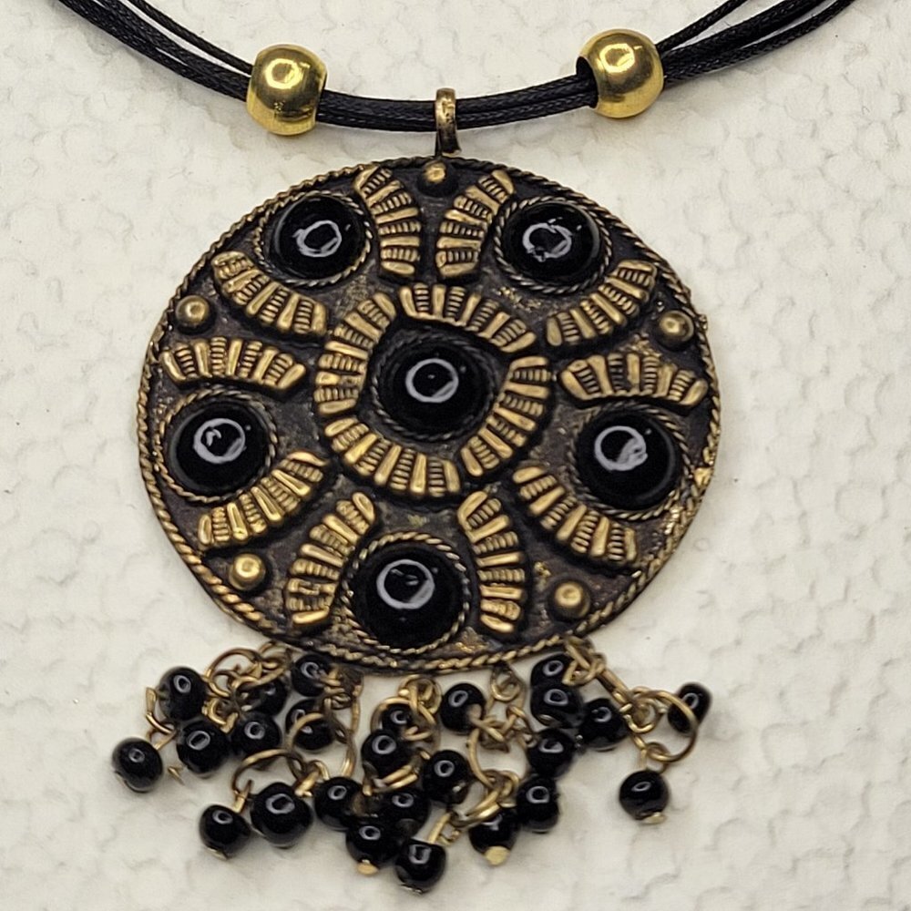 BLACK and Gold Tone Burnished Round Pendant Necklace